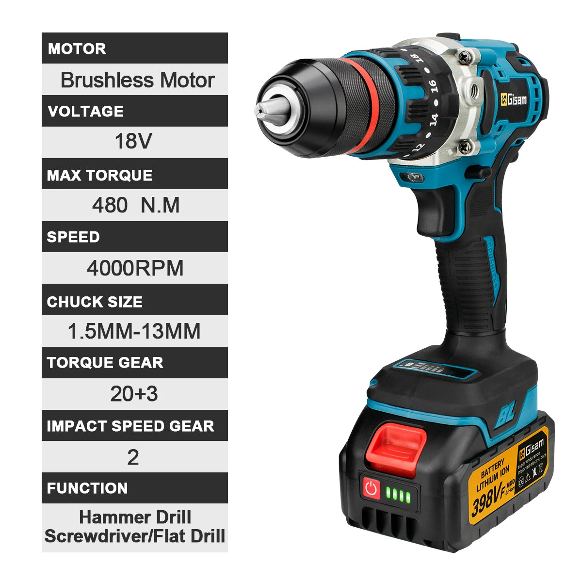 480Nm Brushless Cordless Impact Drill Driver – 13mm Electric Screwdriver for DIY, Compatible with Makita 18V Battery Pin