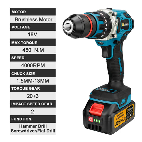 480Nm borstelloze accu-slagboormachine – 13 mm elektrische schroevendraaier voor doe-het-zelvers, compatibel met Makita 18V-accu met pin