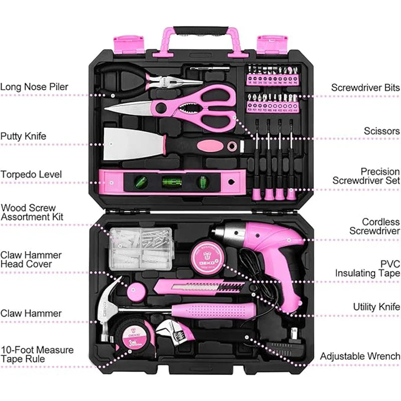 DEKO DKMT98-GP Pink 98-Piece Tool Set – General Household & Woodworking Kit with Plastic Storage Case