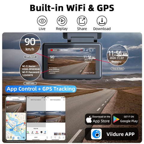 4K Dash Cam Auto DVR met dubbele lens, wifi en gps
