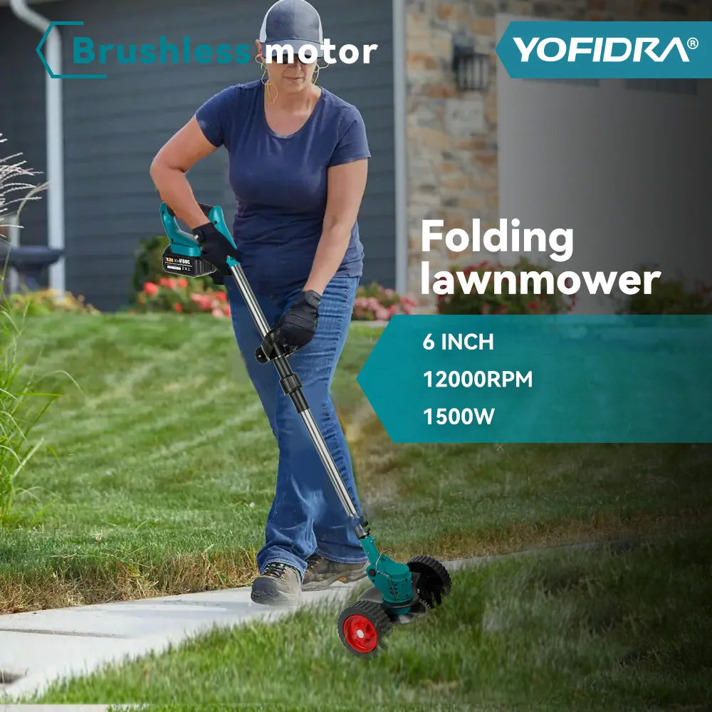 YOFIDRA 100–135cm Cordless Electric Lawn Mower – 1500W Foldable Trimmer & Cutter for Makita Battery Pin