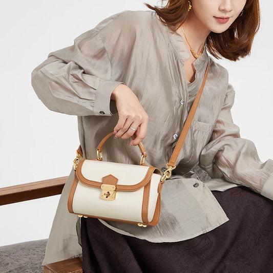 Premium Split Cowhide Leather Women's Crossbody Bag with Two-Tone Design