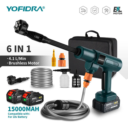 YOFIDRA 200Bar Brushless Electric Pressure Washer – 3500W 6-in-1 Car Cleaning & Garden Tool for Makita Battery Pin