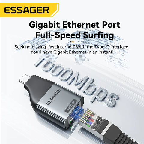 Essager Type-C to Ethernet Adapter – 1000Mbps Gigabit High-Speed RJ45 for MacBook & Laptops