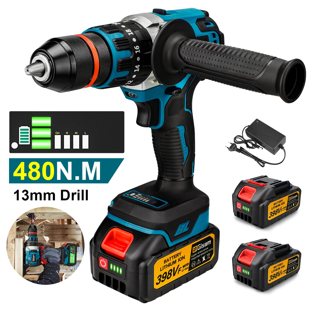 480Nm Brushless Cordless Impact Drill Driver – 13mm Electric Screwdriver for DIY, Compatible with Makita 18V Battery Pin