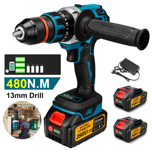 480Nm Brushless Cordless Impact Drill Driver – 13mm Electric Screwdriver for DIY, Compatible with Makita 18V Battery Pin