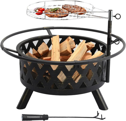 Multifunctional Fire Pit with Spark Guard & Adjustable Grill