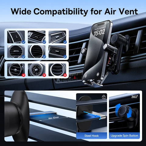 Baseus Auto-Clamping Gravity Car Phone Holder | Metal Air Vent Mount | Secure, Convenient, No Air Vent Blockage