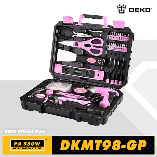 DEKO DKMT98-GP Pink 98-Piece Tool Set – General Household & Woodworking Kit with Plastic Storage Case
