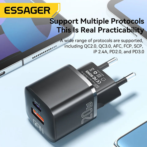 Essager 20W GaN USB-C Charger - PD Fast Charging for iPhone 15/14/13/12 Pro Max, Mini & iPad