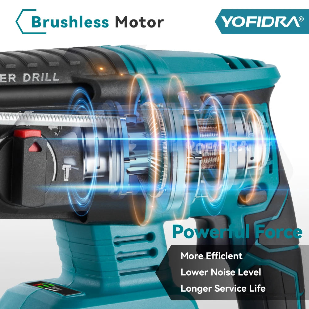 YOFIDRA 26mm Brushless Cordless Rotary Hammer – Multifunction Impact Drill for Makita Battery Pin