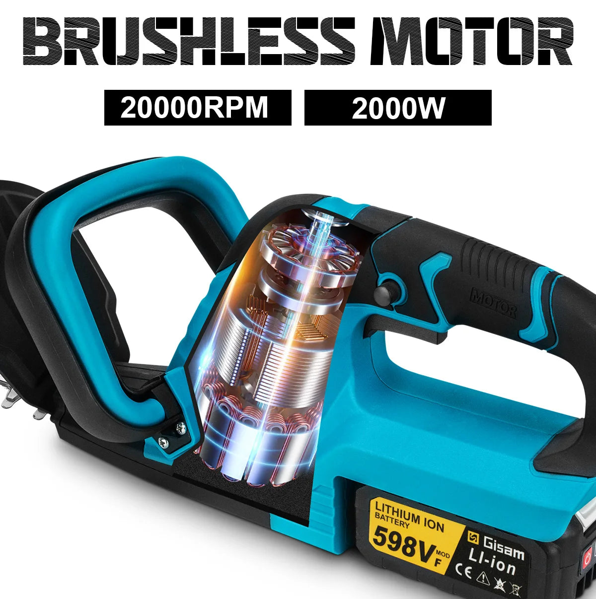 GΣ 20000RPM Brushless Cordless Hedge Trimmer – 2000W Garden Pruning Tool for Makita 18V Battery Pin