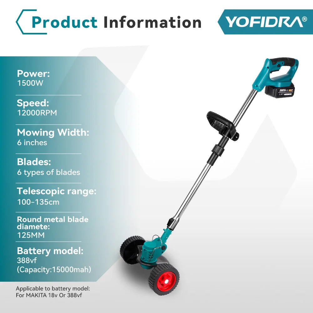 YOFIDRA 100–135cm snoerloze elektrische grasmaaier – 1500W opvouwbare trimmer en snijder voor Makita accu pin