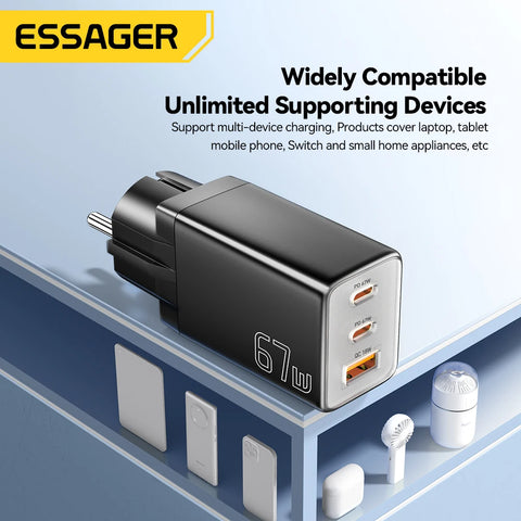 Essager GaN USB Type C Charger 67W Fast Charging for Samsung, iPhone 16/15/14 Pro, Huawei, Laptops, EU Plug