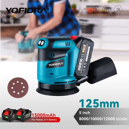 YOFIDRA 125mm Cordless Electric Orbital Sander – Woodworking Grinding & Polishing Tool for Makita Battery Pin