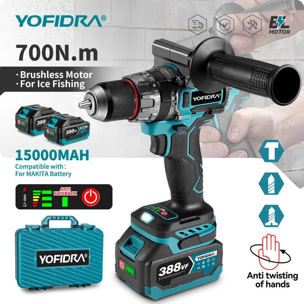 YOFIDRA 700Nm Brushless Cordless Impact Drill – Electric Screwdriver for Woodworking, Flooring & Panels, Compatible with Makita Battery Pin