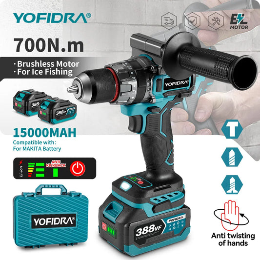 YOFIDRA 700Nm Brushless Cordless Impact Drill – Electric Screwdriver for Woodworking, Flooring & Panels, Compatible with Makita Battery Pin