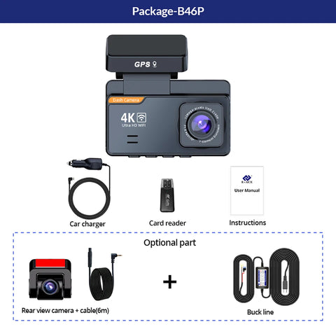 4K Dash Cam Auto DVR met dubbele lens, wifi en gps
