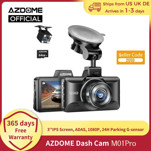 AZDOME M01 Pro Dash Cam – 3" IPS-scherm 1080P Dual-Channel Auto DVR met ADAS en parkeermodus