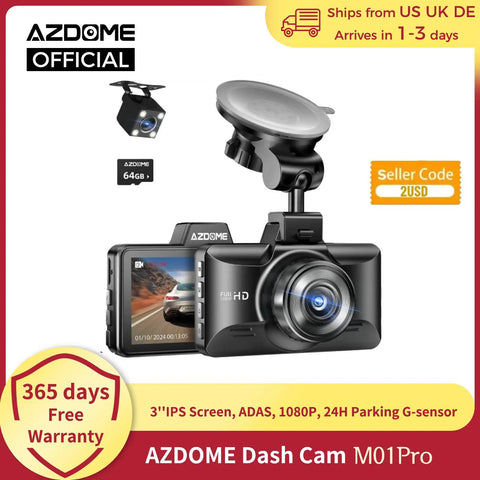 AZDOME M01 Pro Dash Cam – 3" IPS Screen 1080P Dual-Channel Car DVR with ADAS & Parking Mode
