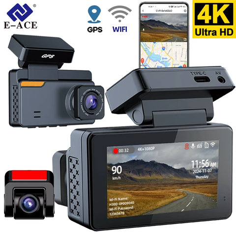 4K Dash Cam Auto DVR met dubbele lens, wifi en gps