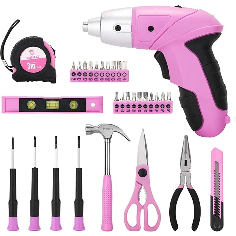 DEKO DKMT98-GP Pink 98-Piece Tool Set – General Household & Woodworking Kit with Plastic Storage Case