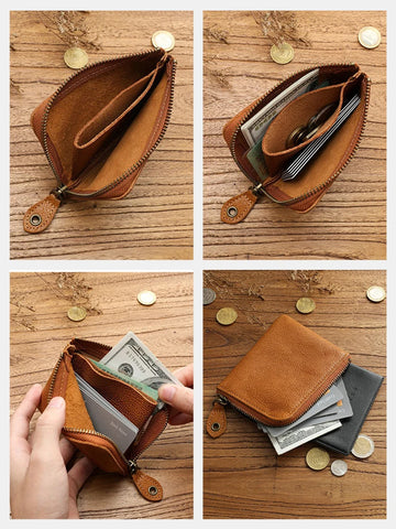 Zency Retro Cowhide Mini Short Wallet for Women - Genuine Leather Coin Pocket Purse