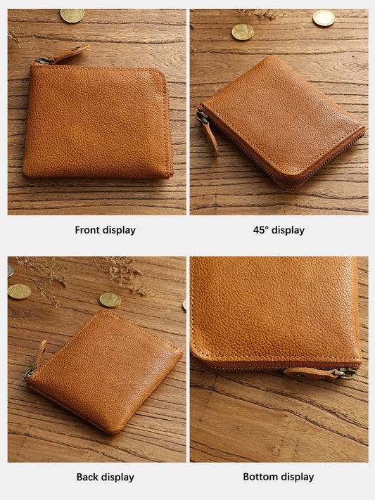 Zency Retro Cowhide Mini Short Wallet for Women - Genuine Leather Coin Pocket Purse