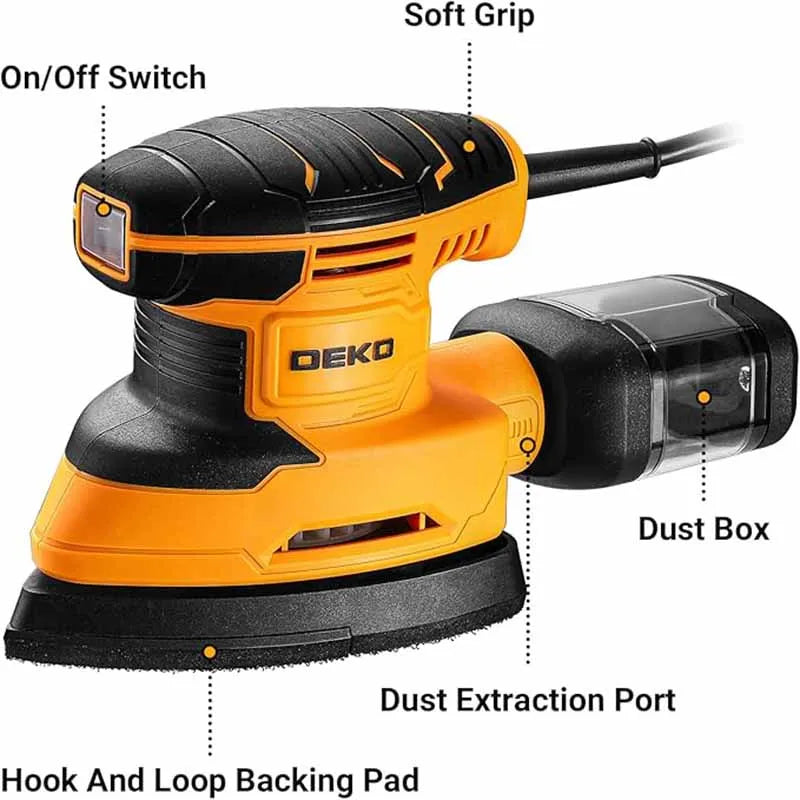 DEKO 220V Electric Mouse Sander – 13,000 RPM with 3 Pads & 12 Sandpapers for Woodworking