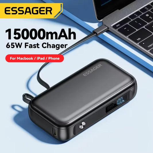 Essager Power+ 65W Power Bank – 15000mAh Portable with USB-C Cable