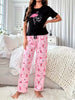 Women's Flamingo & Slogan Print Casual Pajama Set, Short Sleeve Round Neck Top & Pants, Comfortable Relaxed Fit