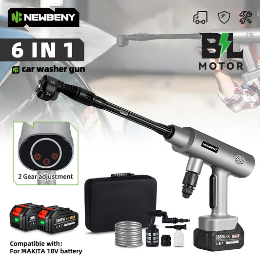 NEWBENY 3500W Brushless Cordless Pressure Washer – 6-in-1 Car Cleaning Water Gun for Makita Battery Pin