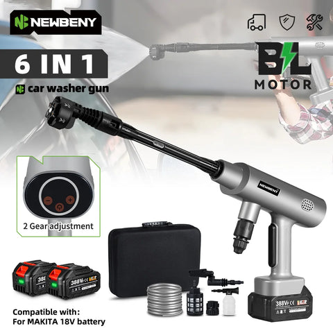 NEWBENY 3500W borstelloze snoerloze hogedrukreiniger - 6-in-1 autoreinigingswaterpistool voor Makita-accu