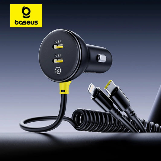 Baseus Retractable 60W Car Charger with Fast Charging Cable for iPhone, Samsung, Xiaomi