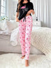 Women's Flamingo & Slogan Print Casual Pajama Set, Short Sleeve Round Neck Top & Pants, Comfortable Relaxed Fit