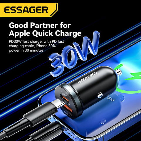 Essager 30W USB C Car Charger - Fast PD QC 3.0 & SCP 5A for iPhone, Xiaomi, Samsung
