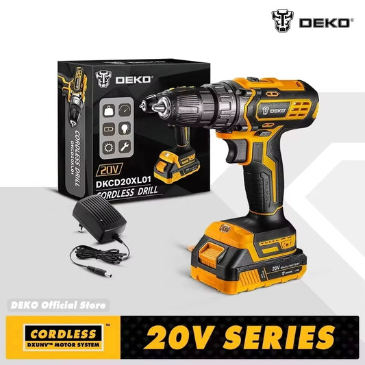 DEKO 20V Cordless Drill – Rechargeable 2-Speed Electric Screwdriver with Lithium Battery for Household Use