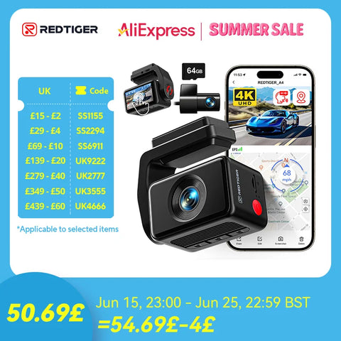 REDTIGER 4K voor- en achterdashcamera met wifi en gps