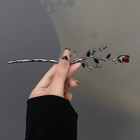 2025 Vintage Rose Flower Crystal Branch Hairpin - Elegant Metal Texture Headwear Jewelry for Women