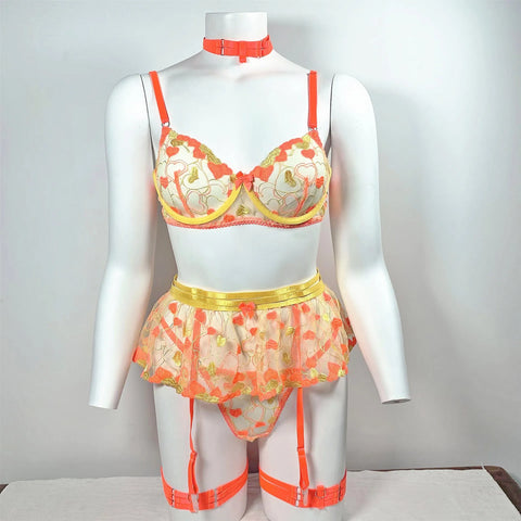 Lace Exotic Sets 3 Piece Girls Contrast Sweetheart Underwire Lingerie Embroidered Ruffle Garter Set
