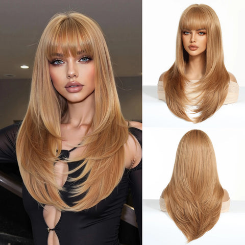 EASIHAIR Women Synthetic Wigs - Long Brown Ombre Blonde Layered Wigs with Curtain Bangs for Daily Use