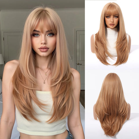EASIHAIR Long Blonde Synthetic Wigs for Women - Straight Layered Natural Hair Wigs With Bangs