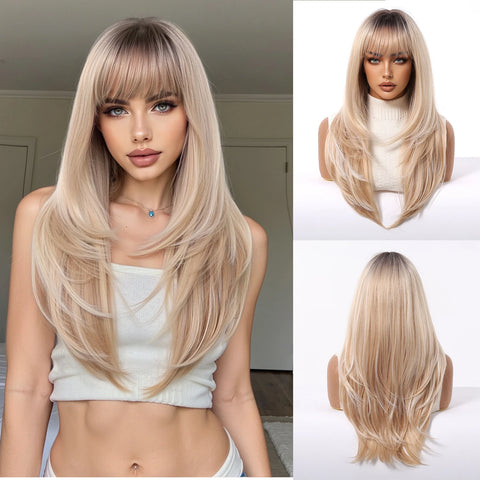 EASIHAIR Long Blonde Synthetic Wigs for Women - Straight Layered Natural Hair Wigs With Bangs