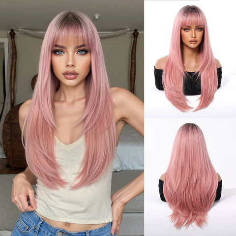 EASIHAIR Long Blonde Synthetic Wigs for Women - Straight Layered Natural Hair Wigs With Bangs