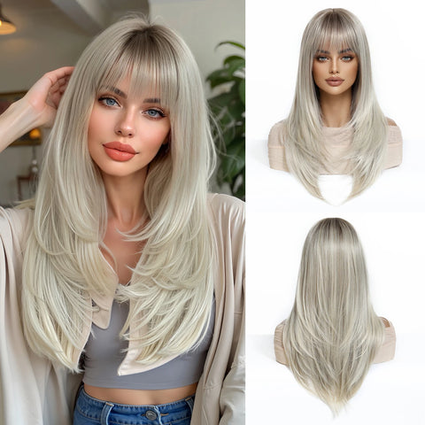 EASIHAIR Women Synthetic Wigs - Long Brown Ombre Blonde Layered Wigs with Curtain Bangs for Daily Use