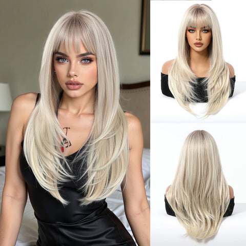 EASIHAIR Long Blonde Synthetic Wigs for Women - Straight Layered Natural Hair Wigs With Bangs