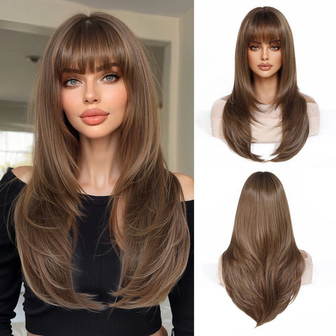 EASIHAIR Women Synthetic Wigs - Long Brown Ombre Blonde Layered Wigs with Curtain Bangs for Daily Use