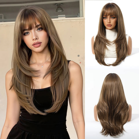EASIHAIR Long Blonde Synthetic Wigs for Women - Straight Layered Natural Hair Wigs With Bangs