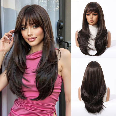 EASIHAIR Long Blonde Synthetic Wigs for Women - Straight Layered Natural Hair Wigs With Bangs