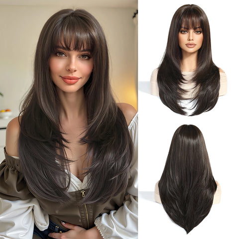 EASIHAIR Women Synthetic Wigs - Long Brown Ombre Blonde Layered Wigs with Curtain Bangs for Daily Use